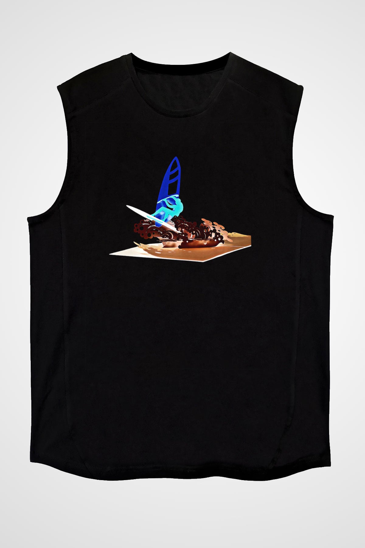 Rüzgar Sörfü - Windsurf Baskılı Unisex Siyah Kolsuz Tişört