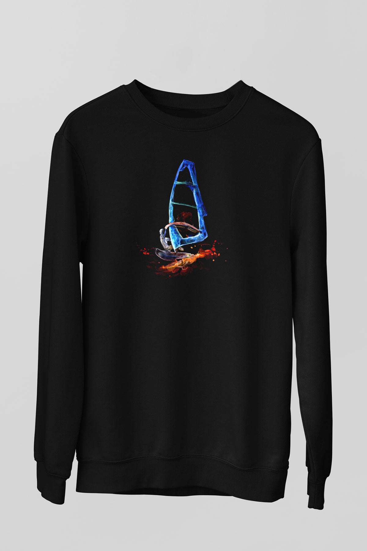Rüzgar Sörfü - Windsurf Baskılı Unisex Siyah Sweatshirt