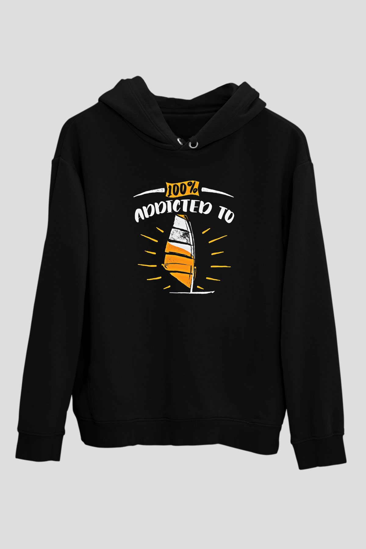 Rüzgar Sörfü - Windsurf Baskılı Unisex Siyah Kapüşonlu Sweatshirt