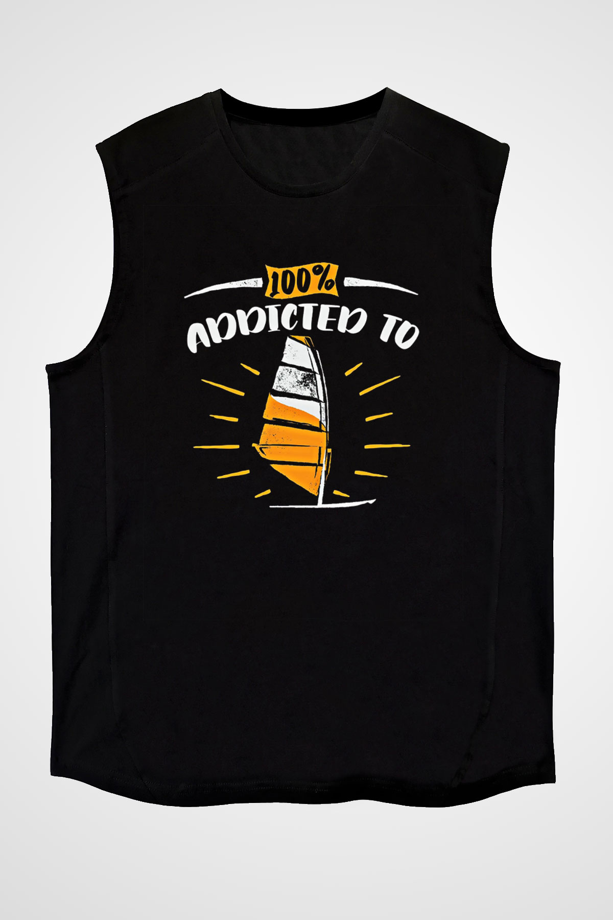 Rüzgar Sörfü - Windsurf Baskılı Unisex Siyah Kolsuz Tişört