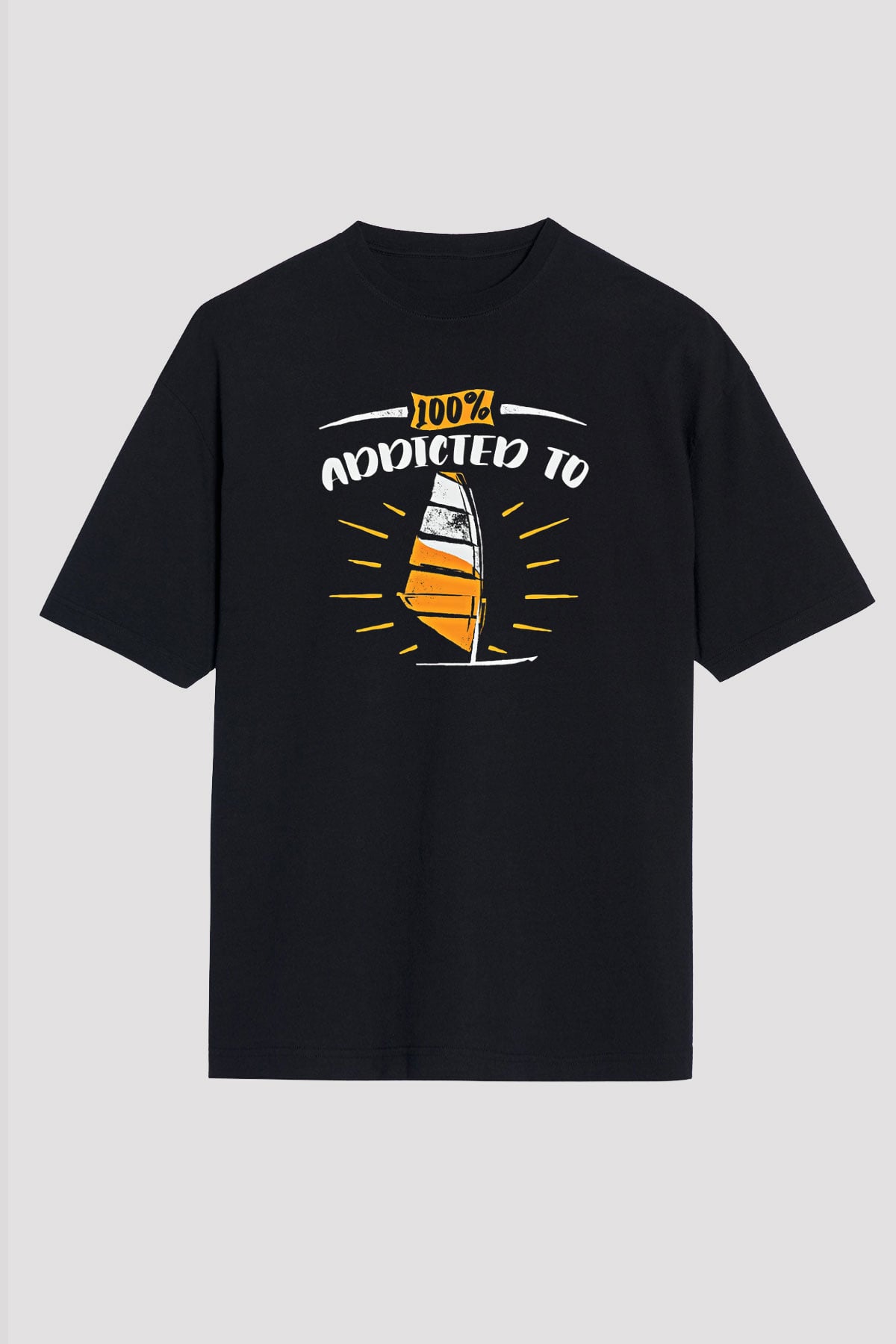 Rüzgar Sörfü - Windsurf Baskılı Unisex Siyah Oversize Tişört