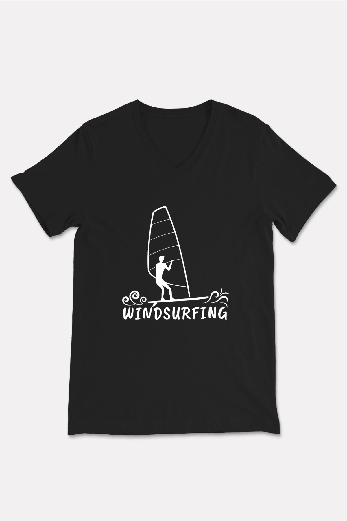 Rüzgar Sörfü - Windsurf Baskılı Unisex Siyah V Yaka Tişört
