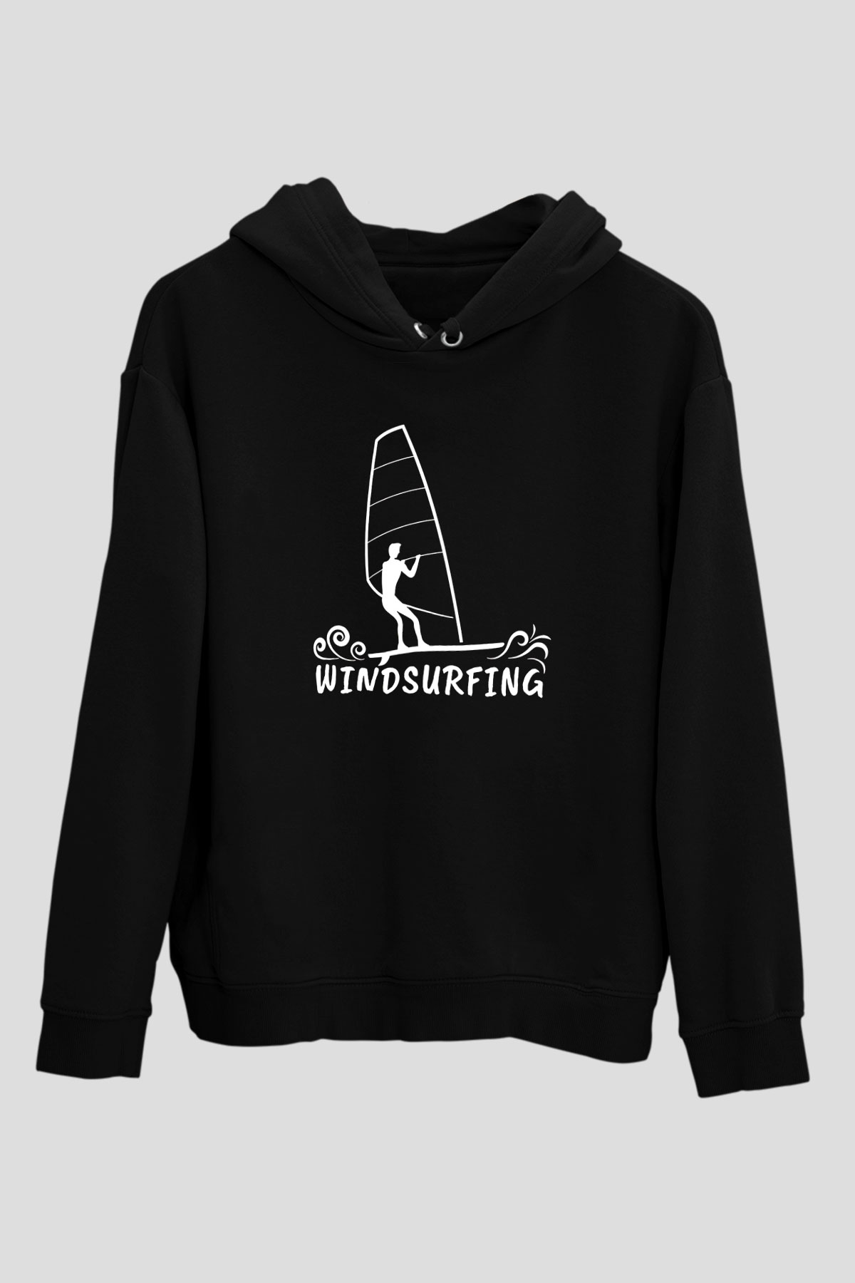 Rüzgar Sörfü - Windsurf Baskılı Unisex Siyah Kapüşonlu Sweatshirt