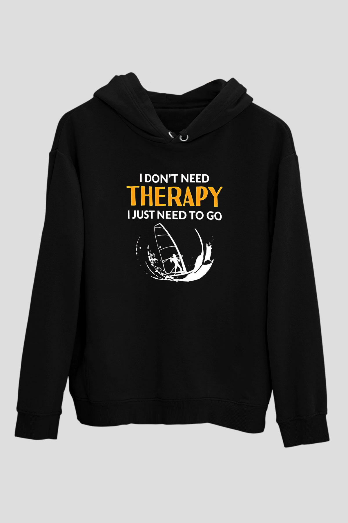 Rüzgar Sörfü - Windsurf Baskılı Unisex Siyah Kapüşonlu Sweatshirt