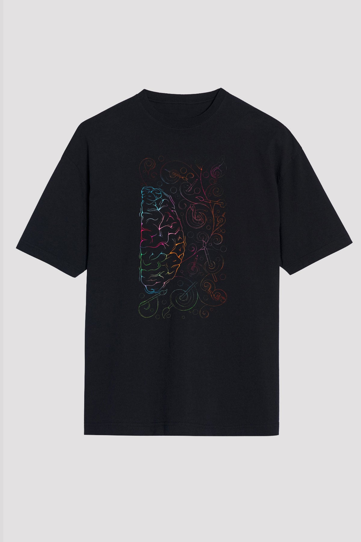Sağ Beyin Sanat Müzik Baskılı Unisex Siyah Oversize Tişört
