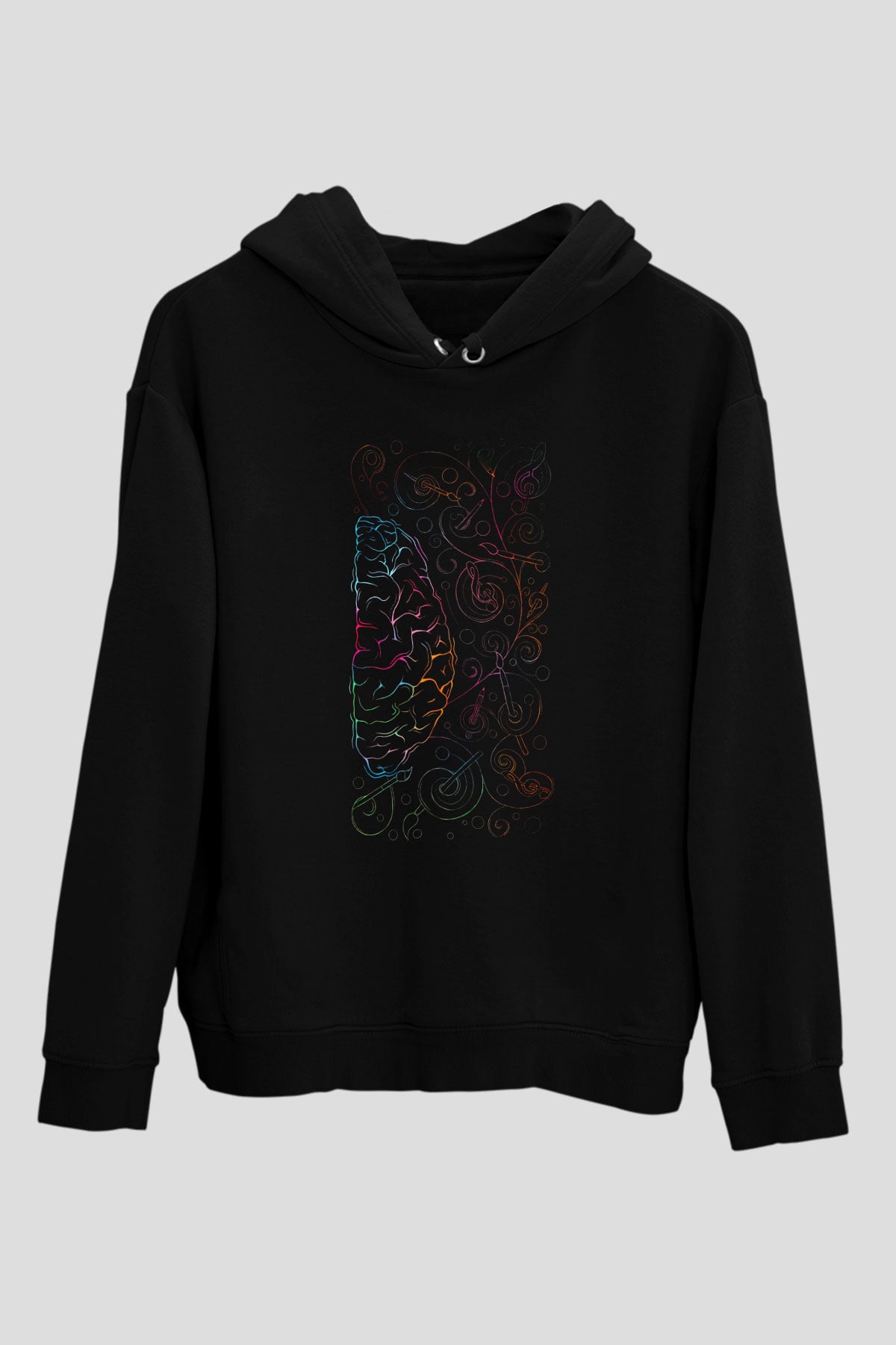 Sağ Beyin Sanat Müzik Baskılı Unisex Siyah Hoodie