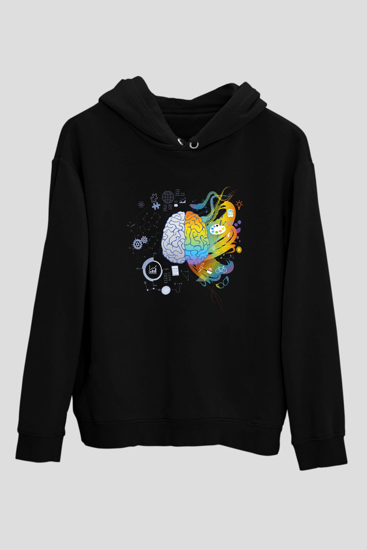 Sağ Beyin Sol Beyin Baskılı Unisex Siyah Hoodie