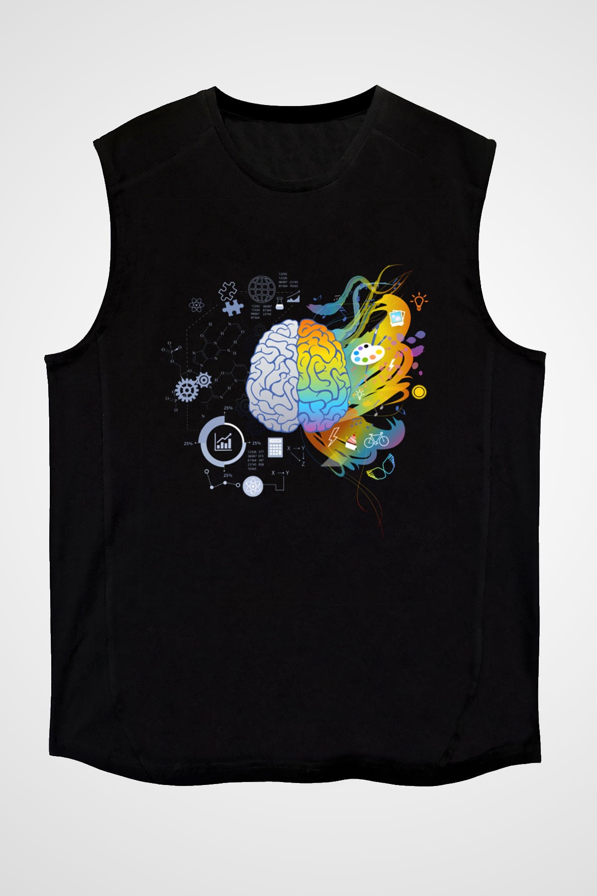 Sağ Beyin Sol Beyin Baskılı Unisex Siyah Kolsuz Tişört