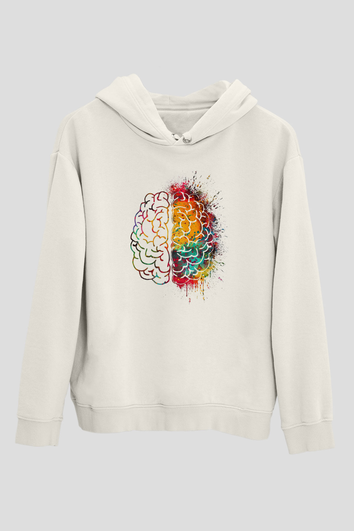 Sağ ve Sol Beyin Baskılı Unisex Ekru Hoodie