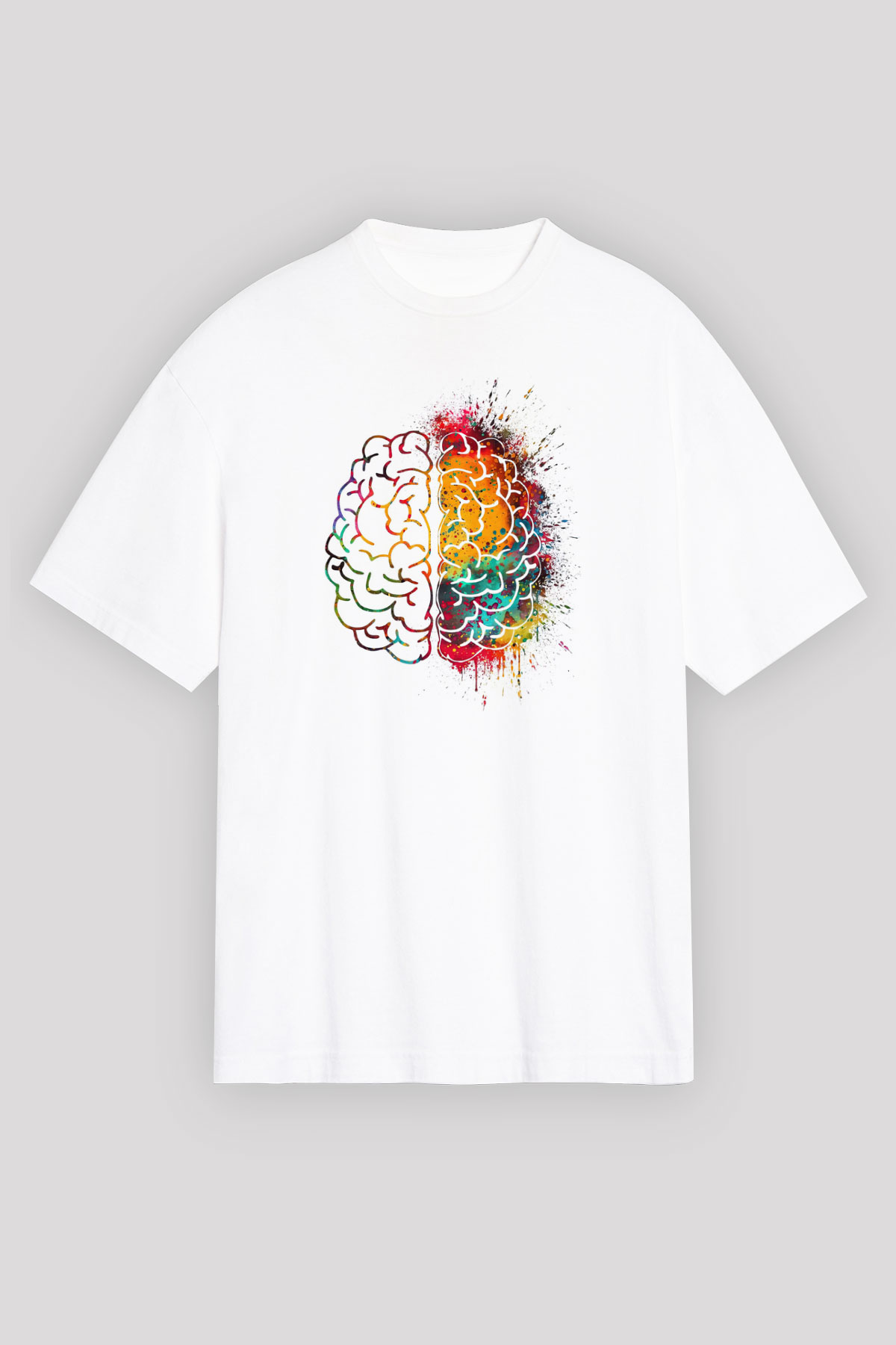 Sağ ve Sol Beyin Baskılı Unisex Oversize Beyaz Tişört - Tshirt