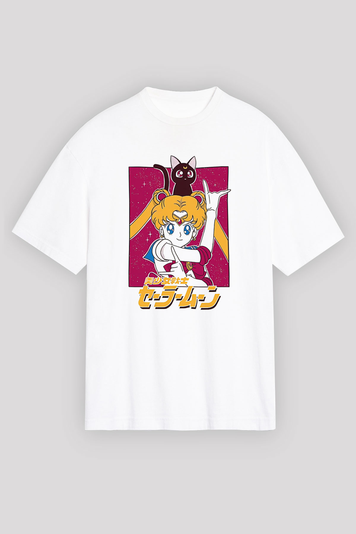 Sailor Moon Baskılı Beyaz Unisex Oversize Tişört - Tshirt