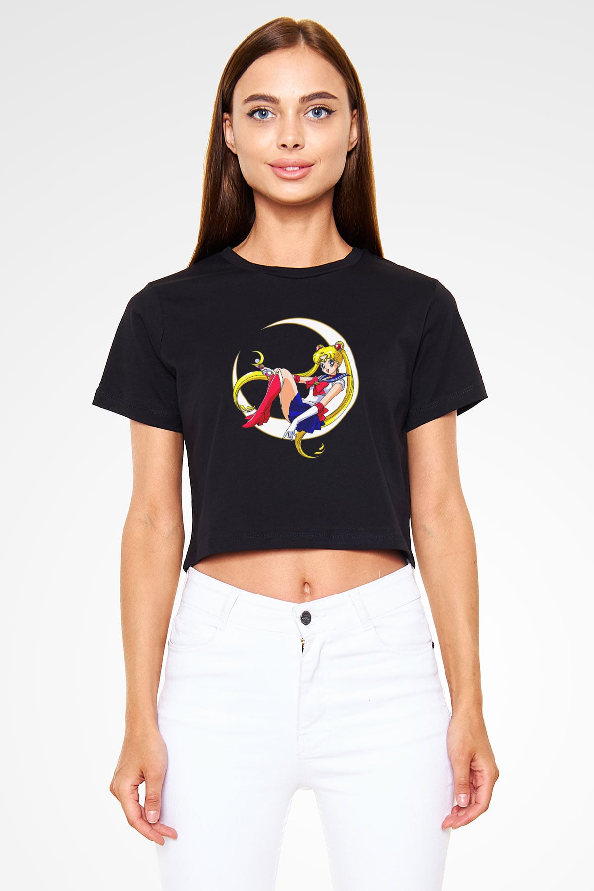Sailor Moon Baskılı Siyah Crop Top Kadın Tişört - Tshirt