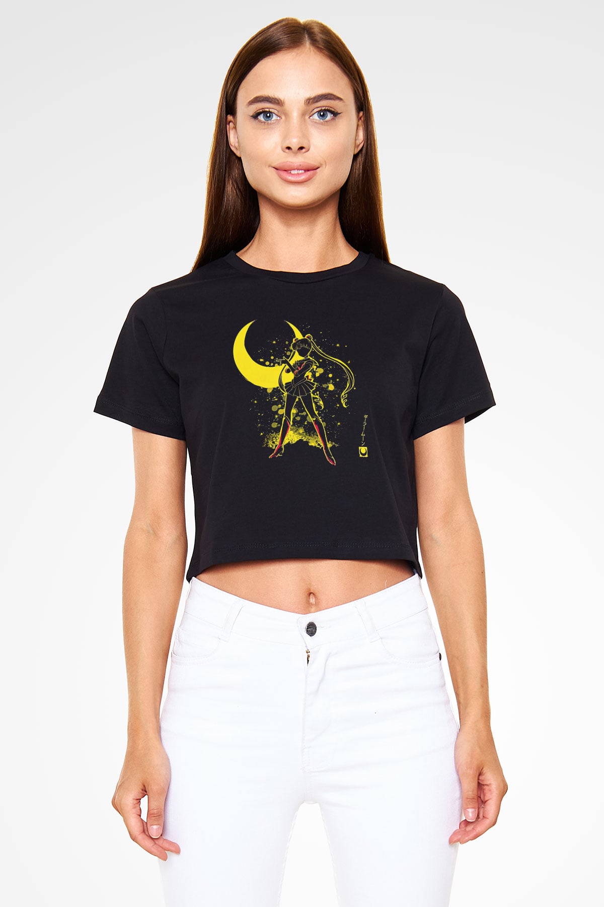 Sailor Moon Baskılı Siyah Crop Top Kadın Tişört - Tshirt