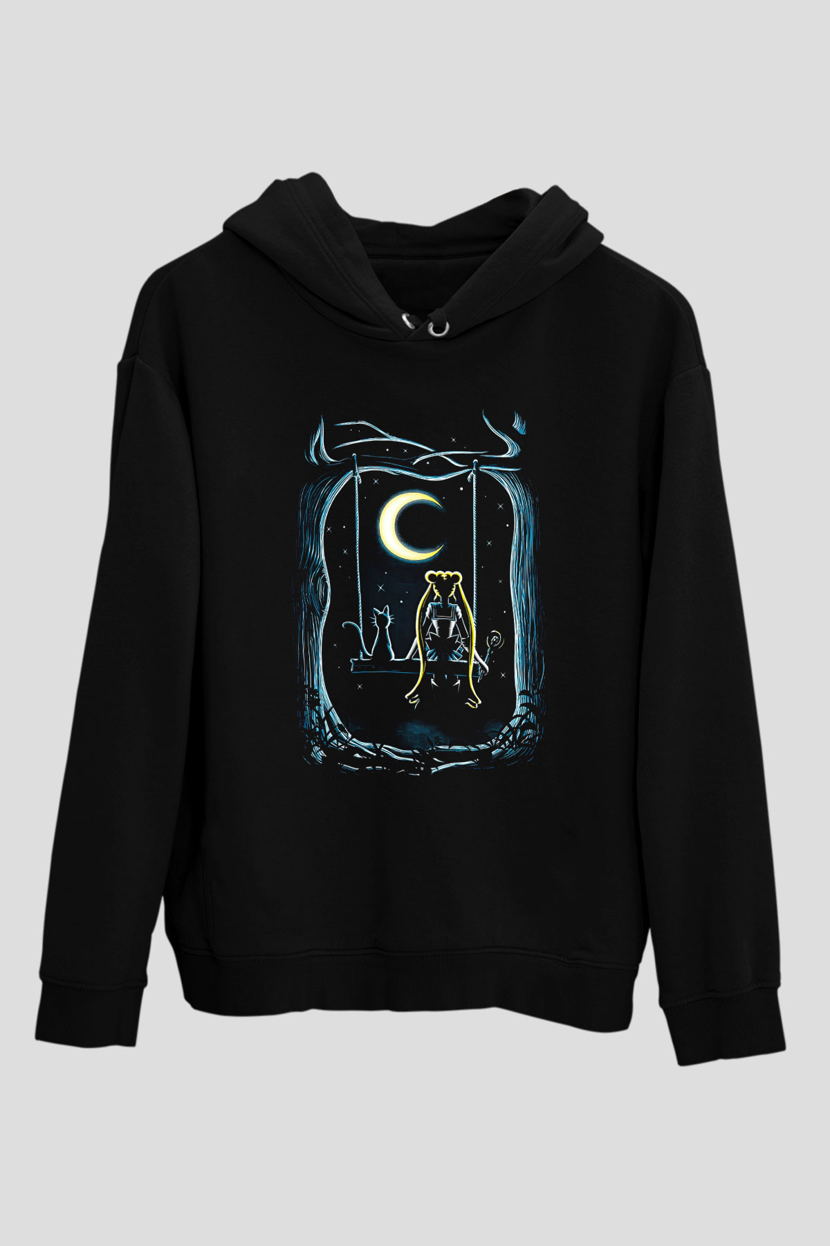 Sailor Moon Baskılı Unisex Siyah Hoodie
