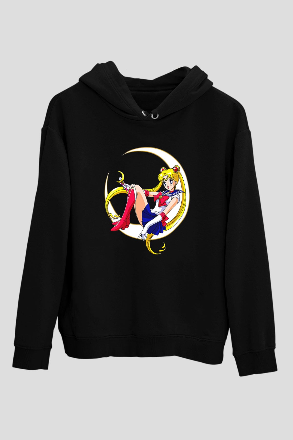 Sailor Moon Baskılı Unisex Siyah Hoodie