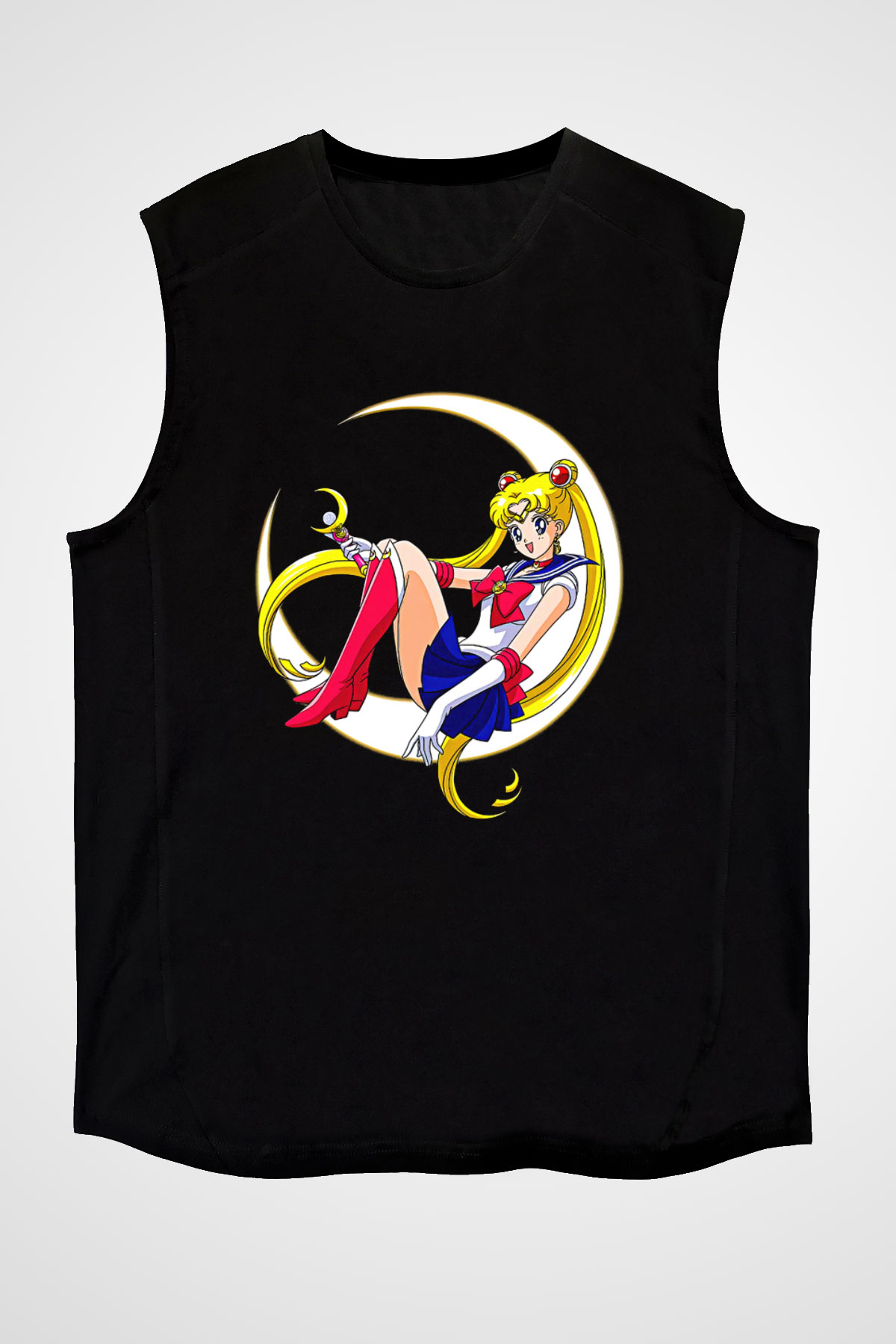 Sailor Moon Baskılı Unisex Siyah Kolsuz Tişört - Tshirt