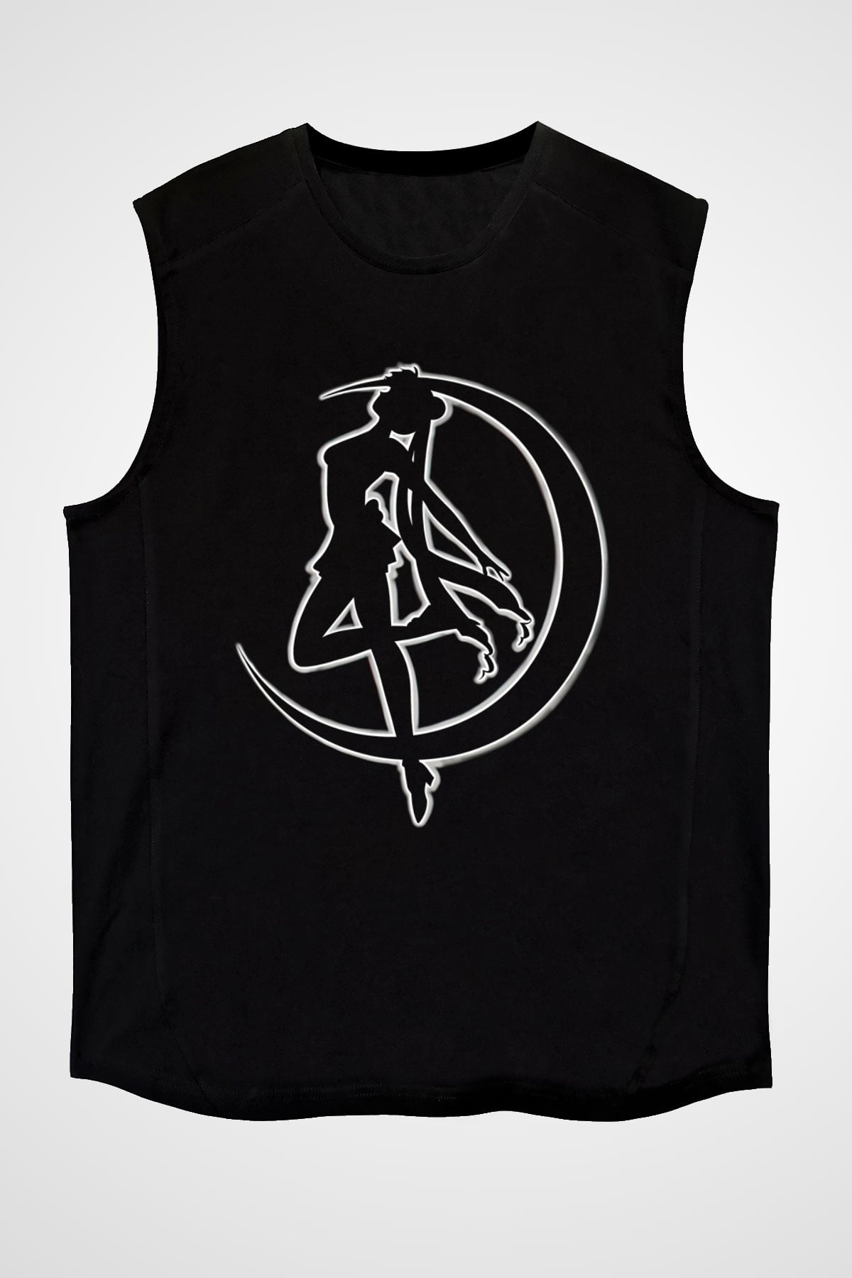 Sailor Moon Baskılı Unisex Siyah Kolsuz Tişört - Tshirt