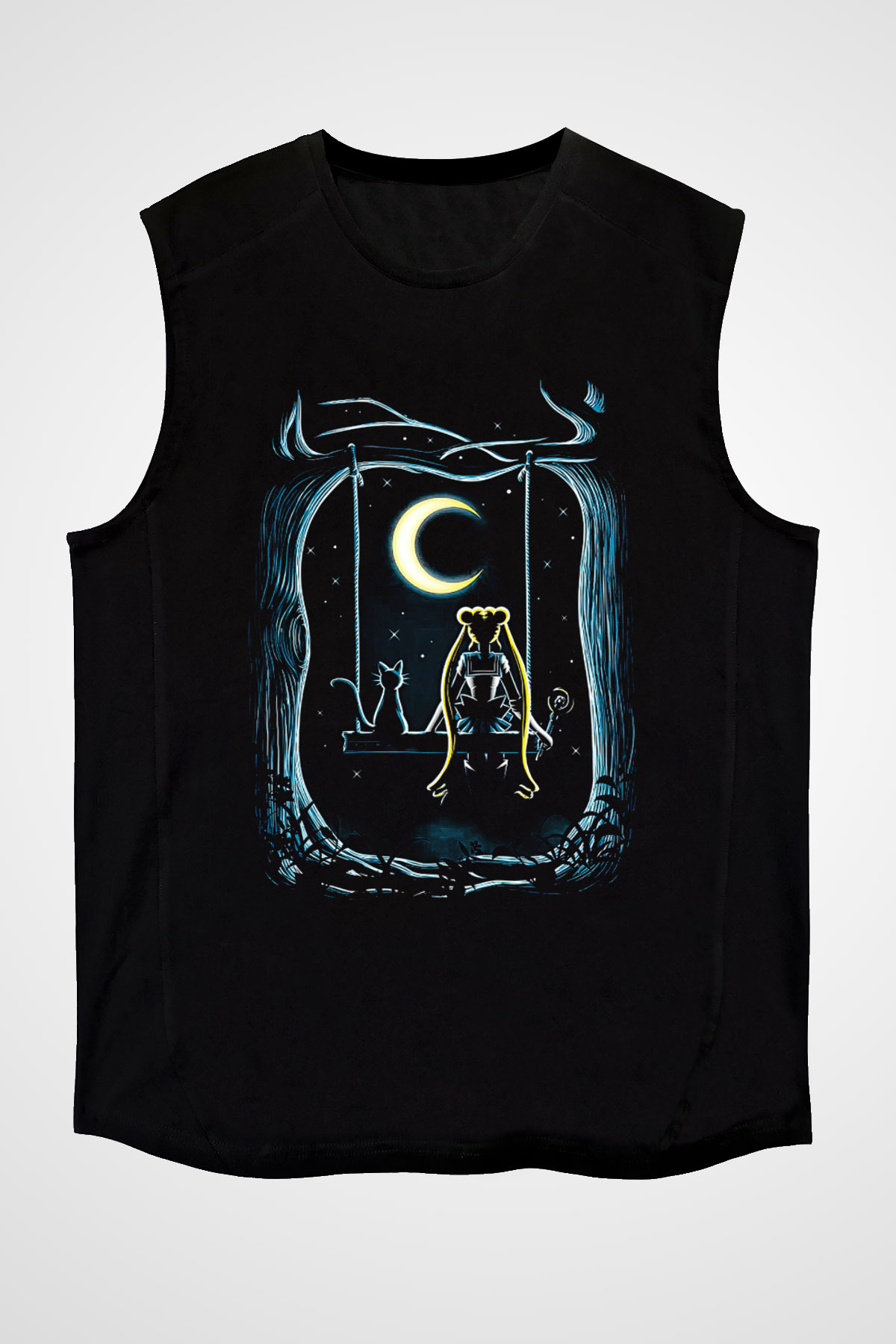 Sailor Moon Baskılı Unisex Siyah Kolsuz Tişört - Tshirt