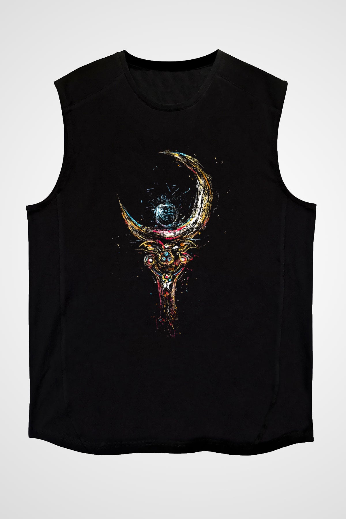 Sailor Moon Baskılı Unisex Siyah Kolsuz Tişört - Tshirt