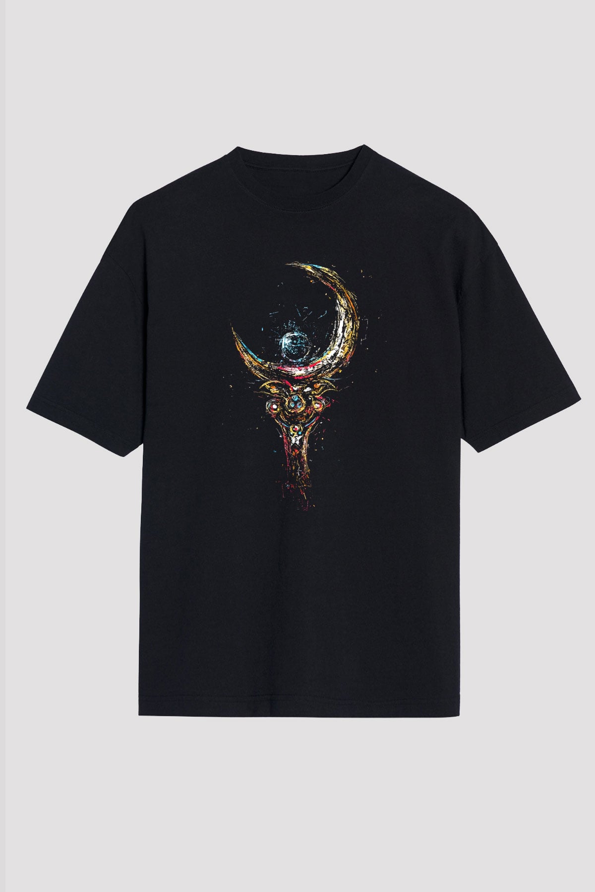 Sailor Moon Baskılı Unisex Siyah Oversize Tişört - Tshirt