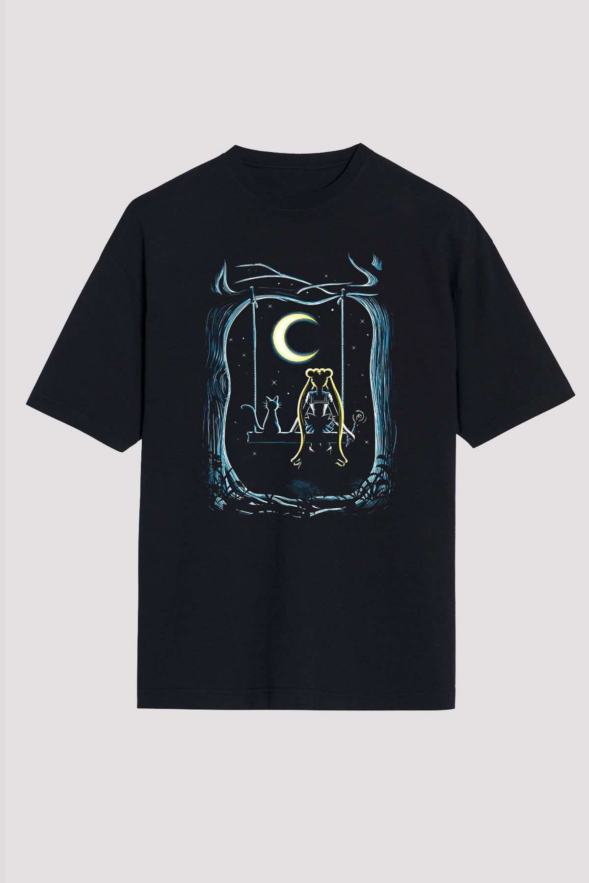 Sailor Moon Baskılı Unisex Siyah Oversize Tişört - Tshirt