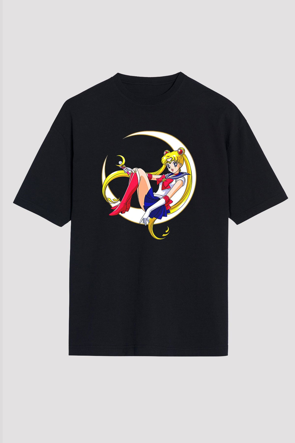 Sailor Moon Baskılı Unisex Siyah Oversize Tişört - Tshirt
