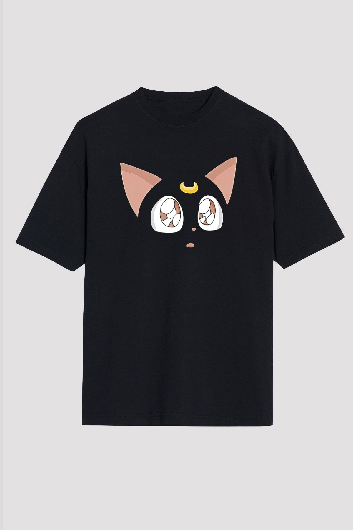 Sailor Moon Baskılı Unisex Siyah Oversize Tişört - Tshirt