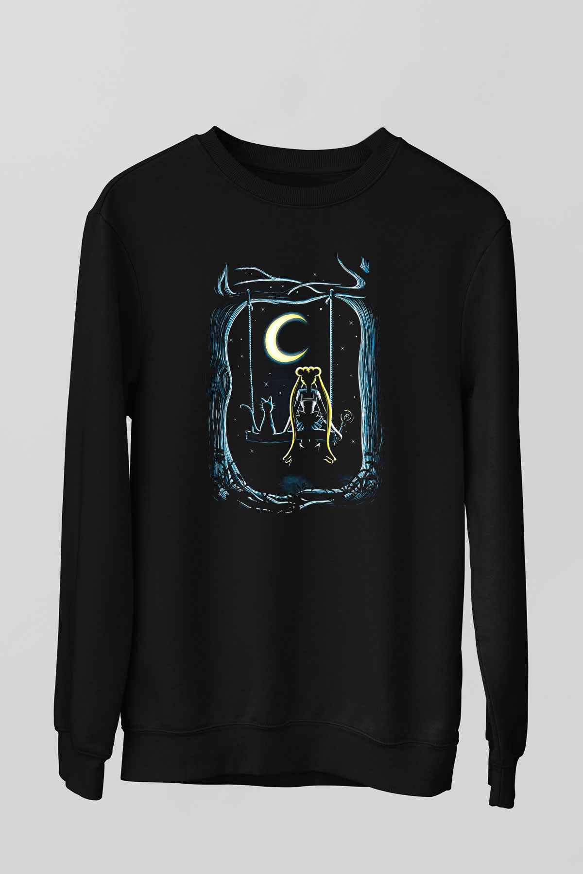 Sailor Moon Baskılı Unisex Siyah Sweatshirt