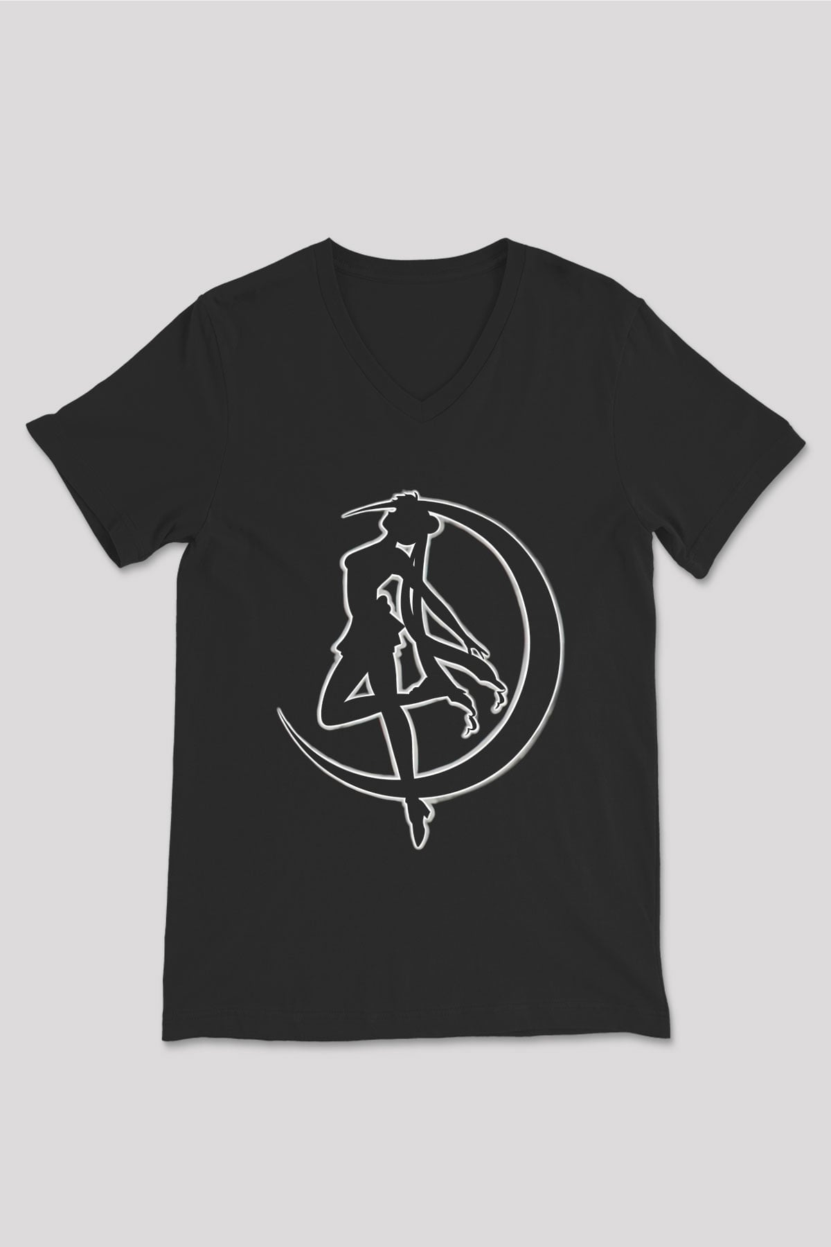 Sailor Moon Baskılı Unisex Siyah V Yaka Tişört - Tshirt