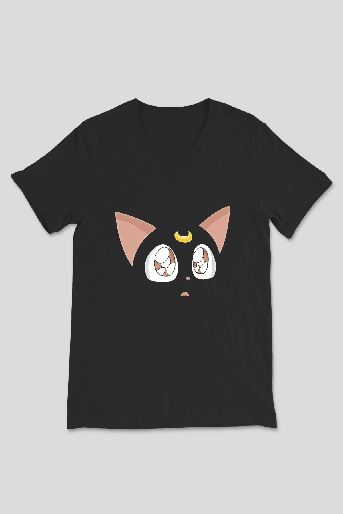 Sailor Moon Baskılı Unisex Siyah V Yaka Tişört - Tshirt