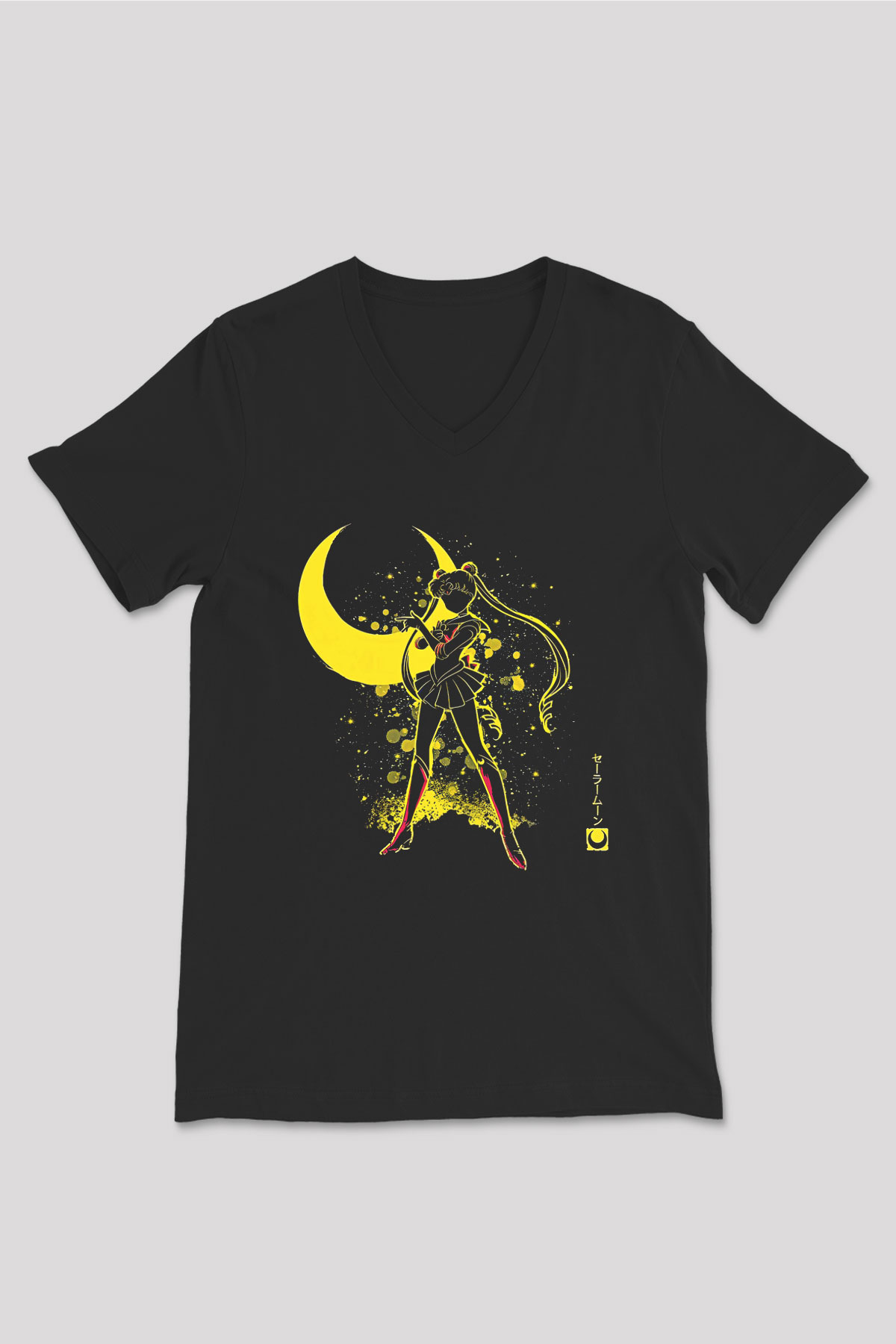 Sailor Moon Baskılı Unisex Siyah V Yaka Tişört - Tshirt