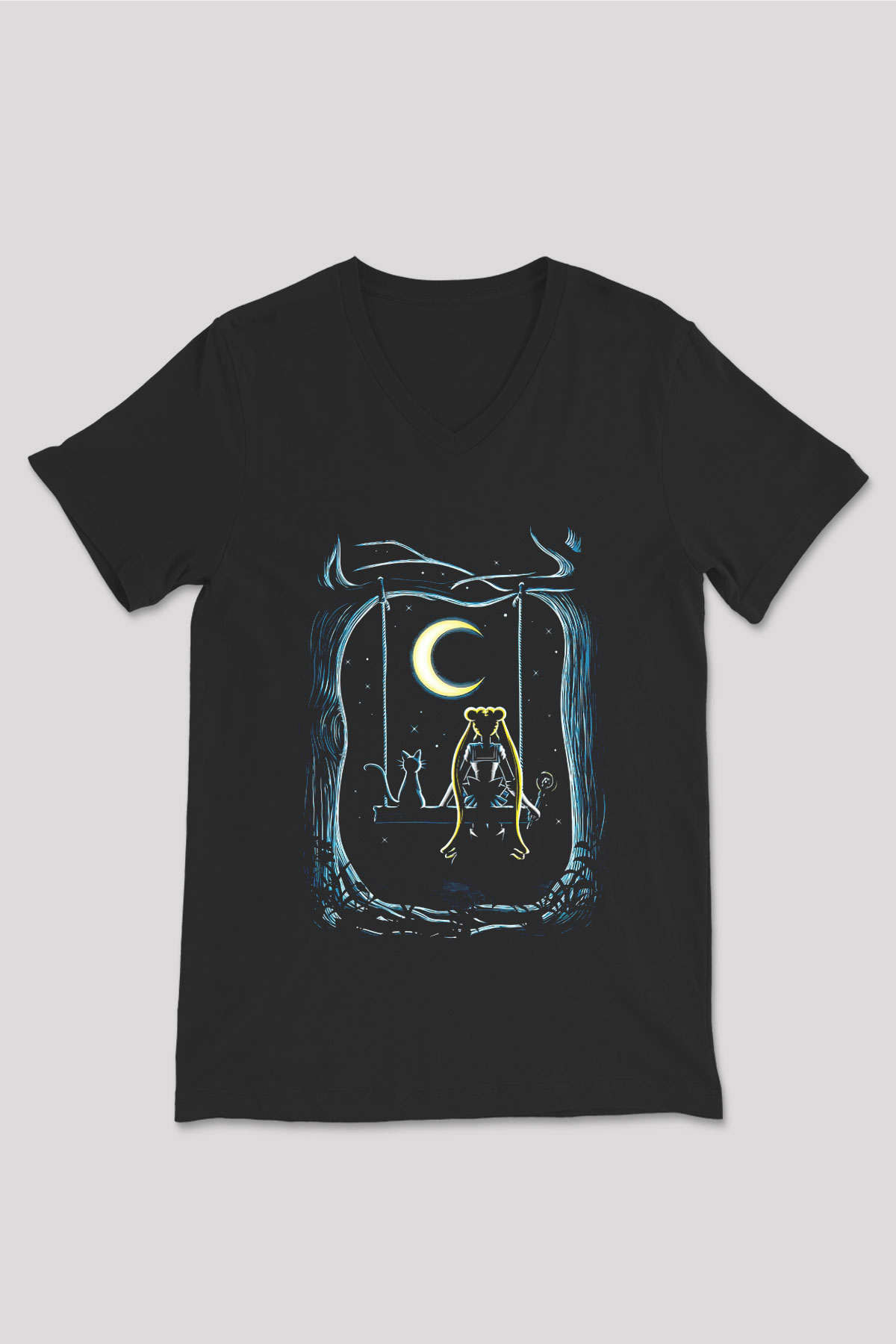 Sailor Moon Baskılı Unisex Siyah V Yaka Tişört - Tshirt