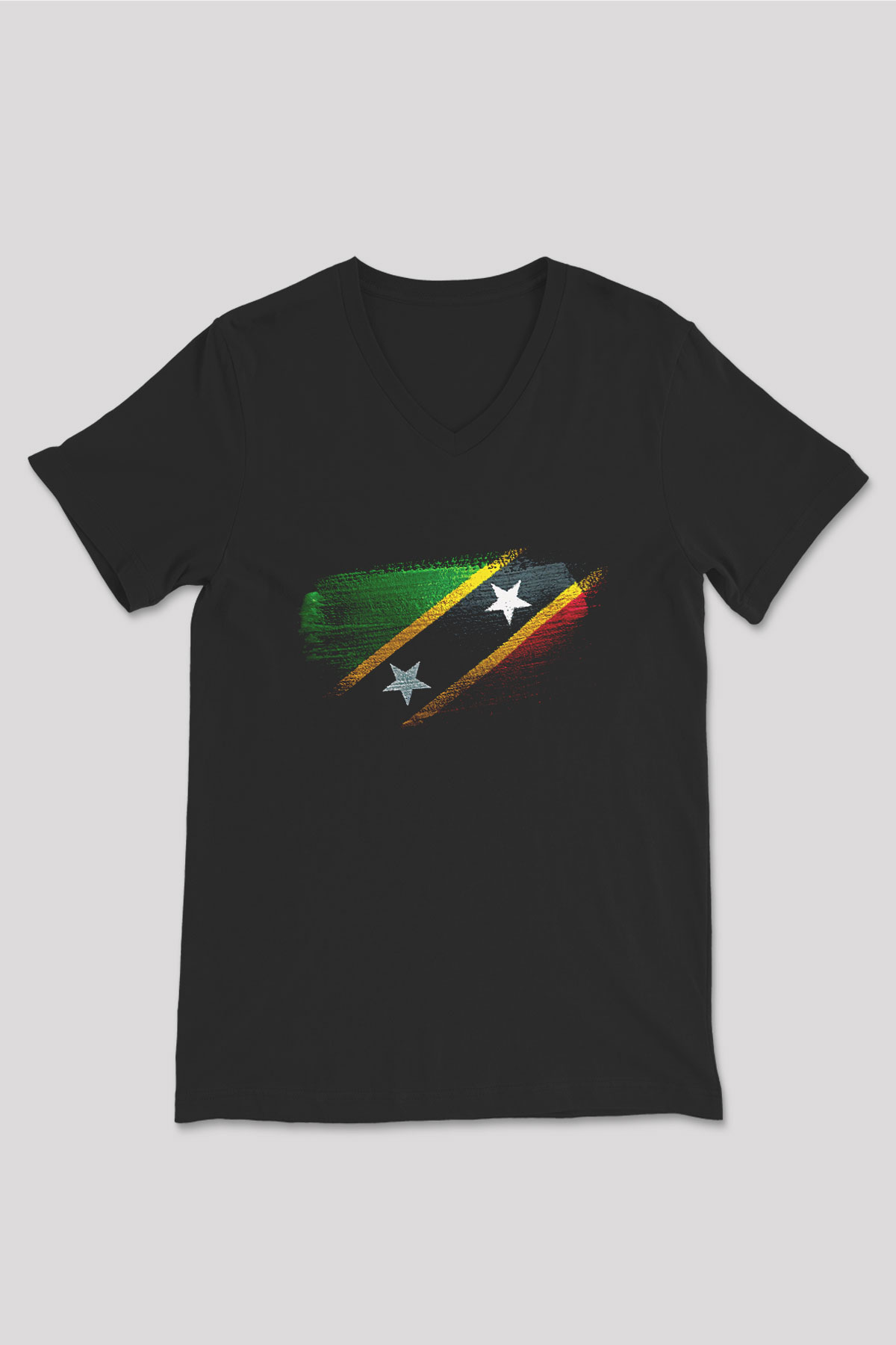 Saint Kitts ve Nevis Bayrağı Baskılı Unisex Siyah V Yaka Tişört