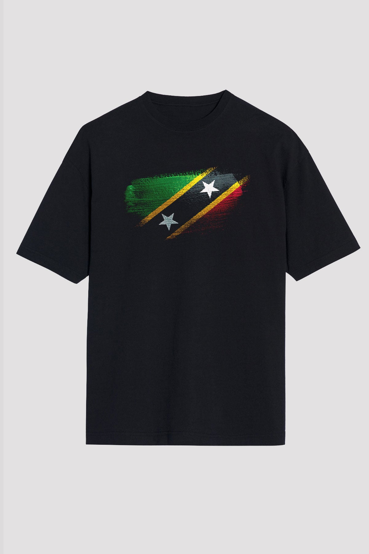 Saint Kitts ve Nevis Bayrağı Baskılı Unisex Siyah Oversize Tişört