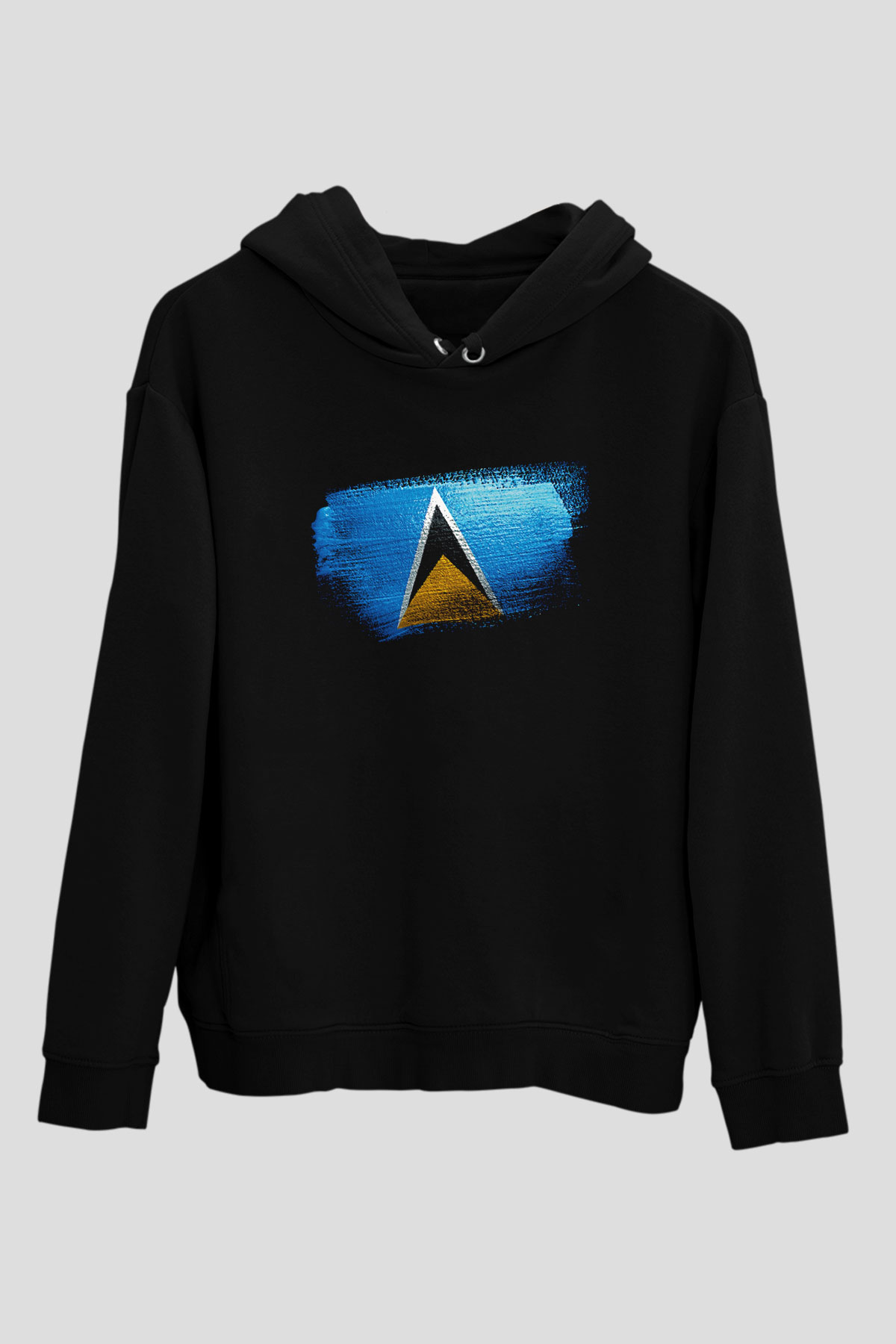 Saint Lucia Bayrağı Baskılı Unisex Siyah Kapüşonlu Sweatshirt