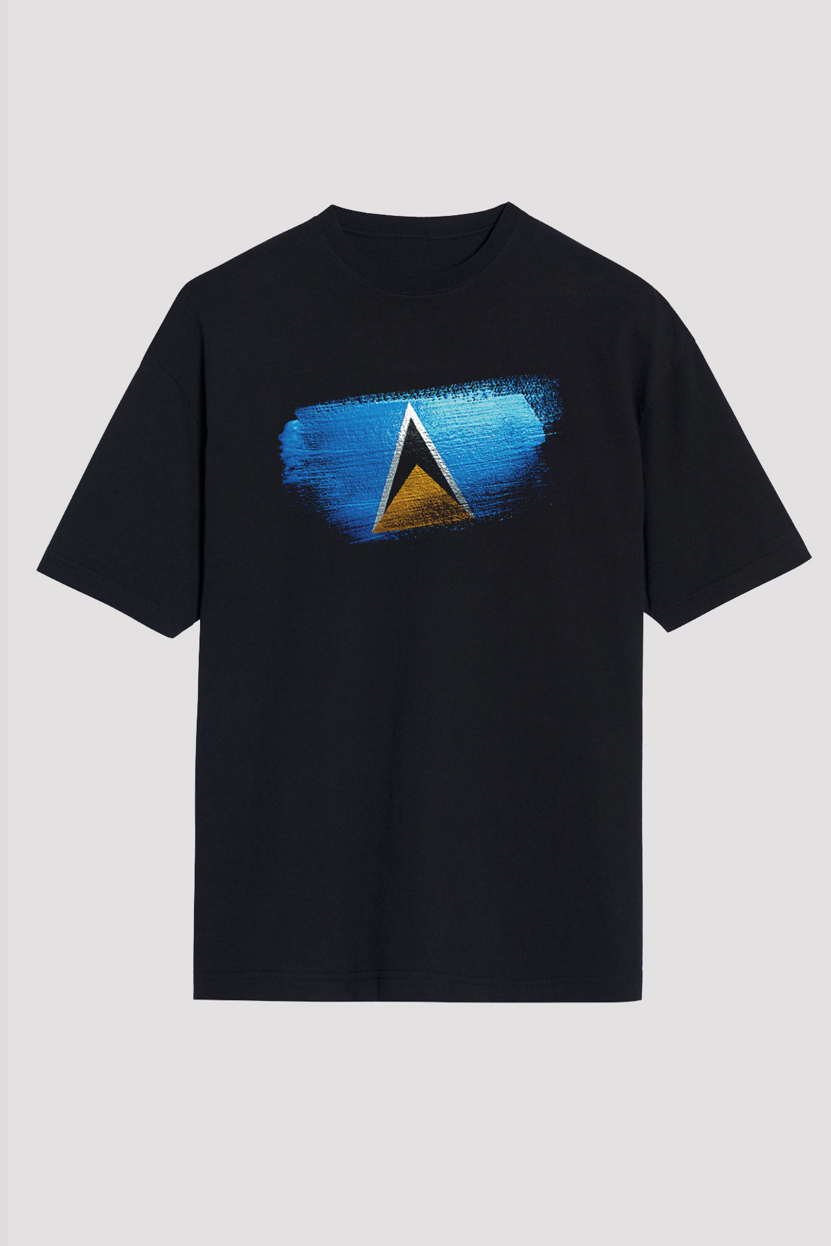 Saint Lucia Bayrağı Baskılı Unisex Siyah Oversize Tişört