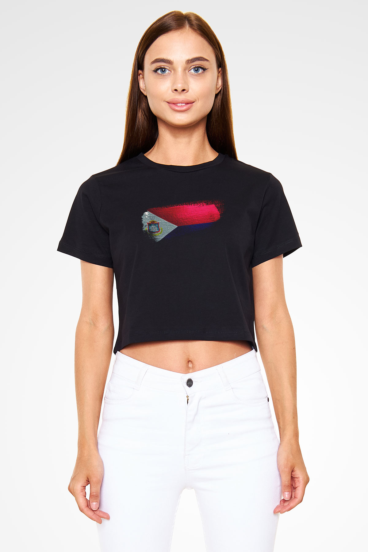 Saint Martin Bayrağı Baskılı Kadın Crop Top Siyah Tişört