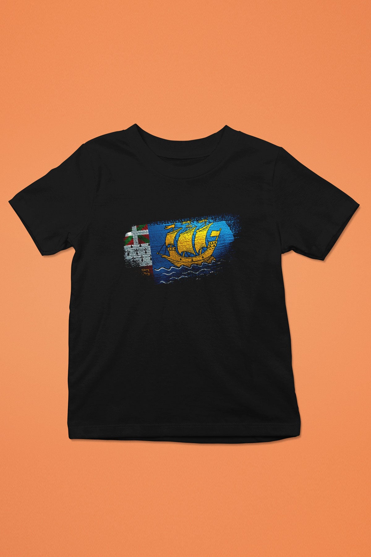 Saint Pierre ve Miquelon Bayrağı Baskılı Unisex Siyah Çocuk Tişörtü