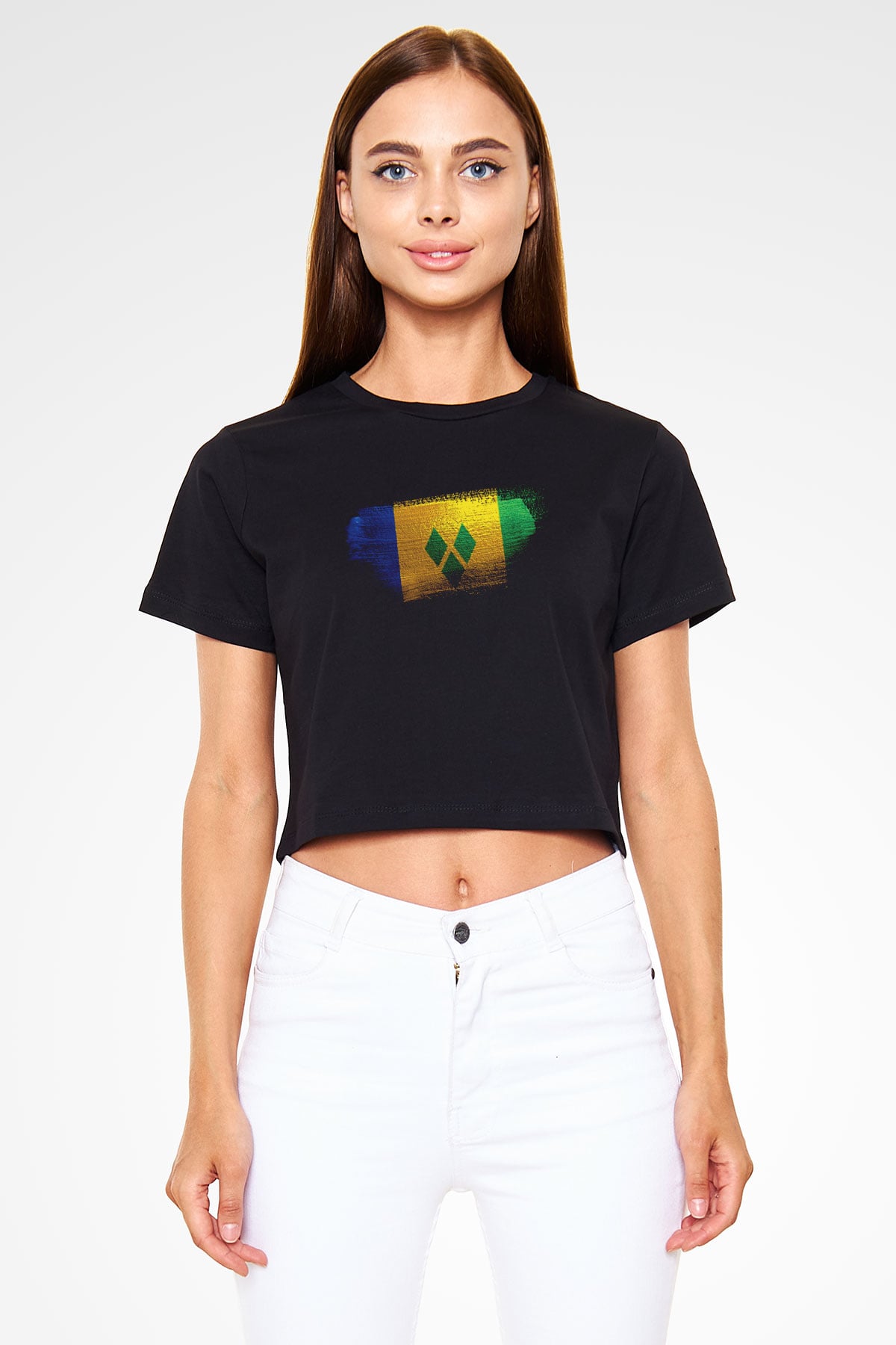 Saint Vincent ve Grenadinler Bayrağı Baskılı Kadın Crop Top Siyah Tişört