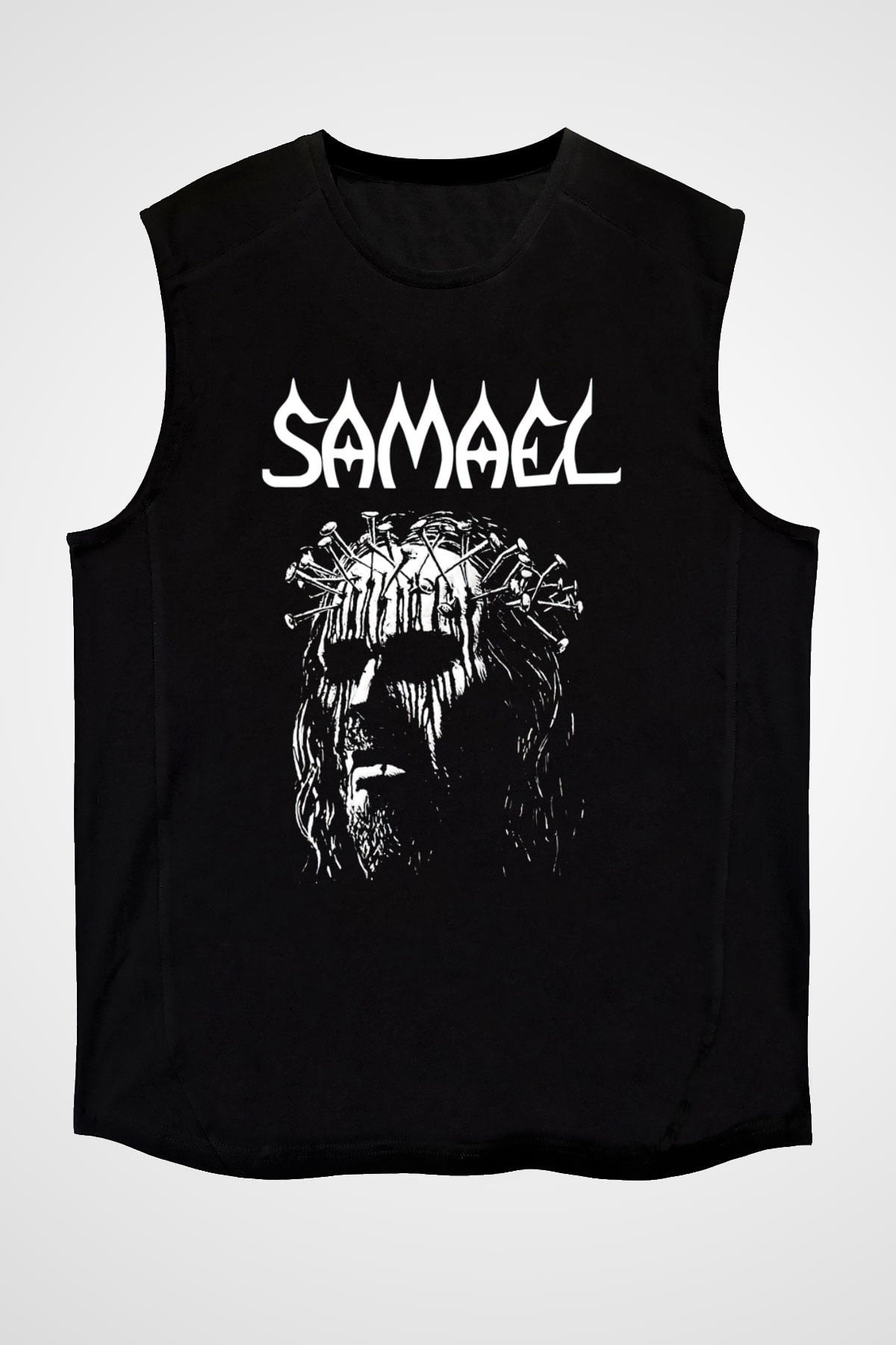 Samael Baskılı Unisex Siyah Kolsuz Tişört - Tshirt