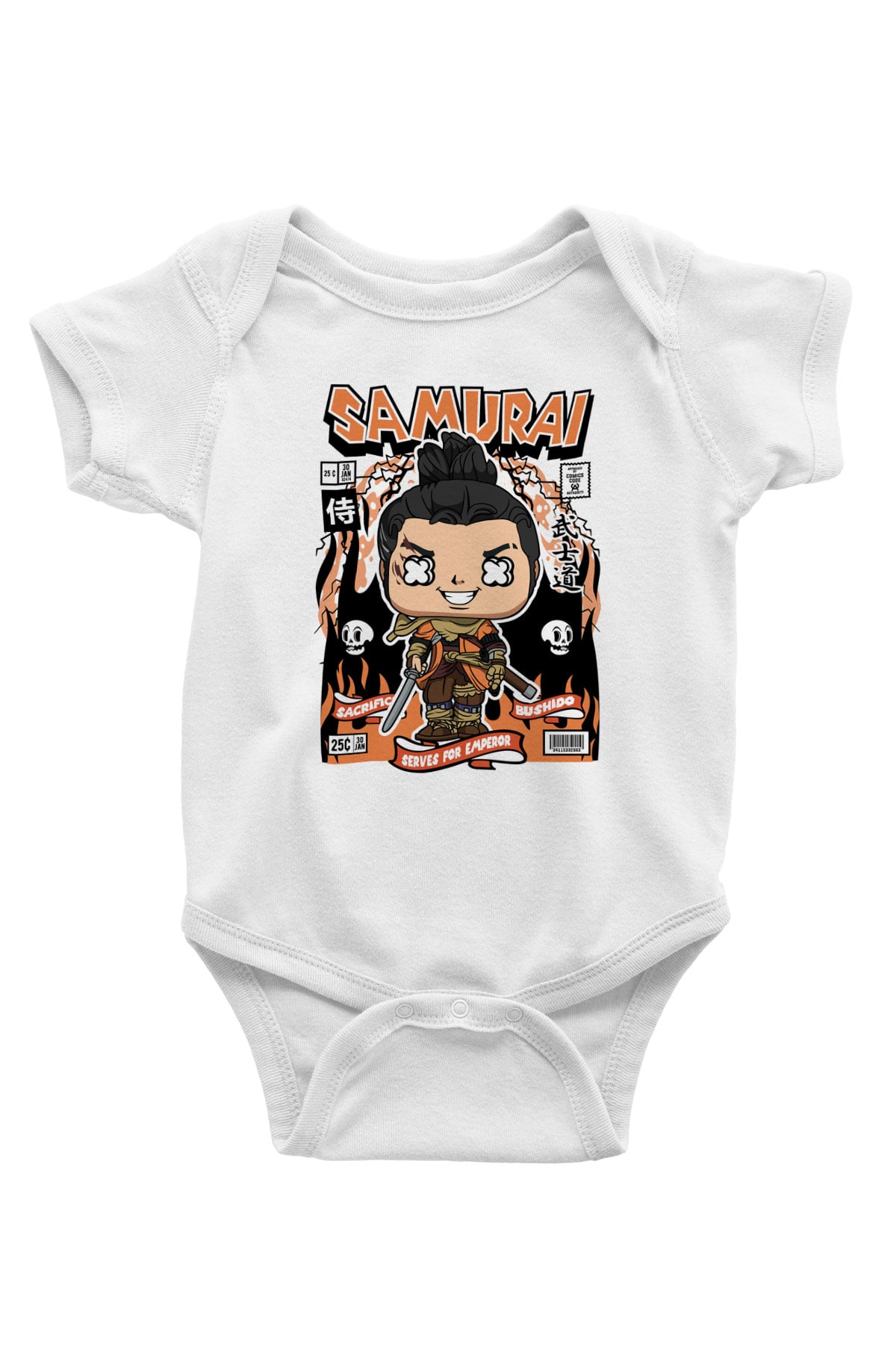 Samurai Baskılı Unisex Beyaz Bebek Body - Zıbın