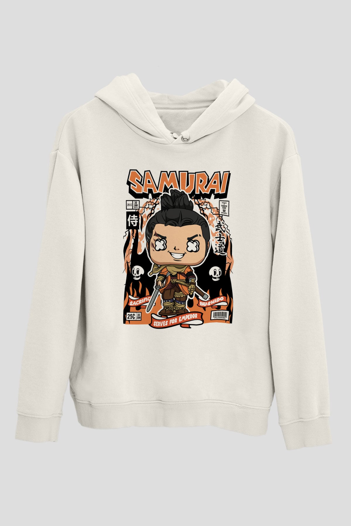 Samurai Baskılı Unisex Beyaz Hoodie