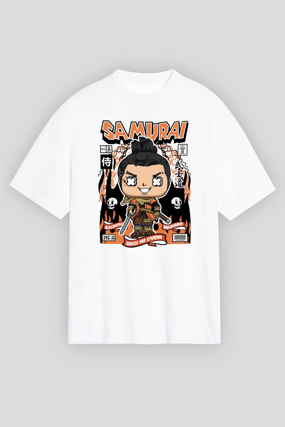 Samurai Baskılı Unisex Beyaz Oversize Tişört