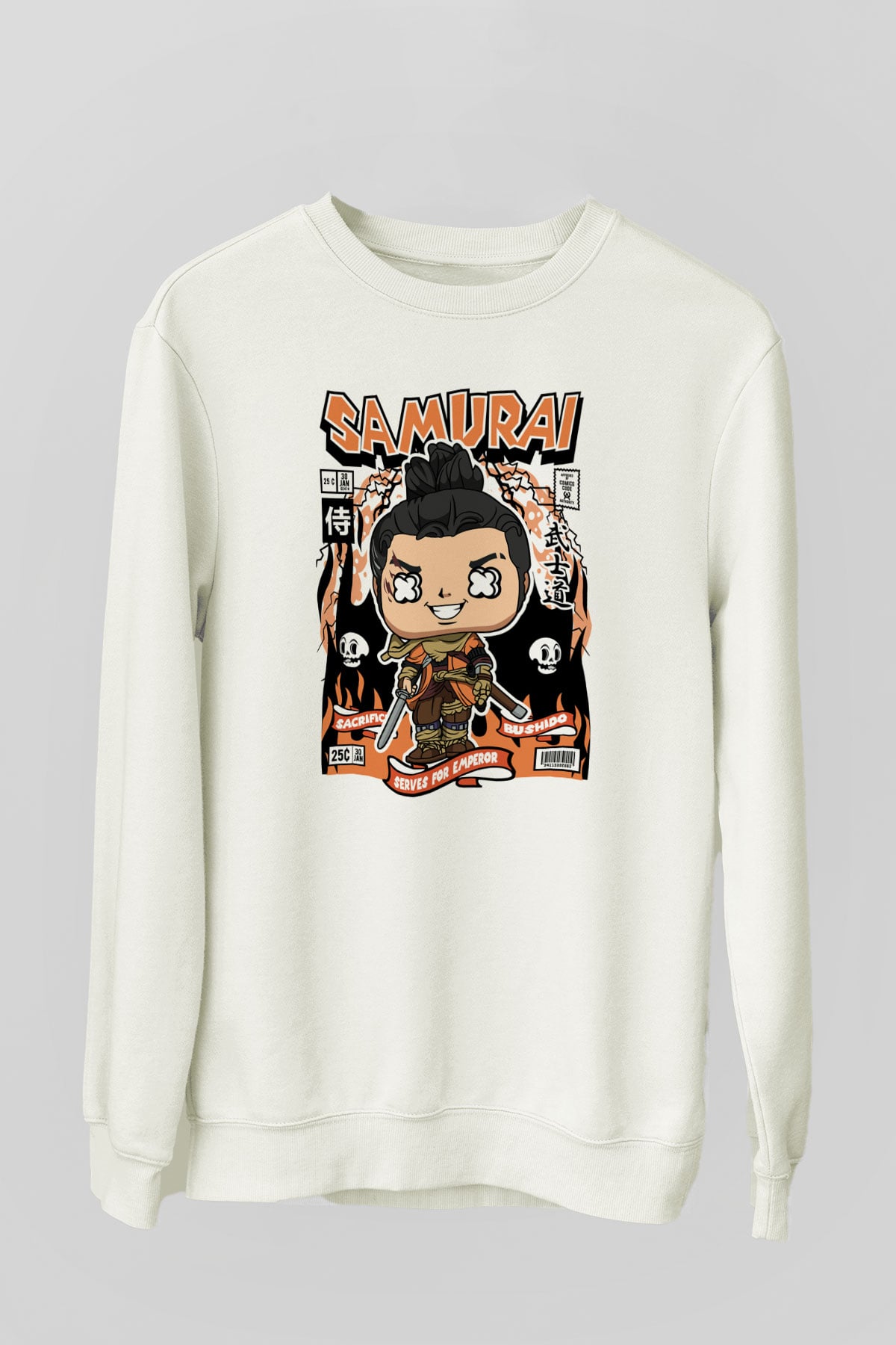 Samurai Baskılı Unisex Beyaz Sweatshirt