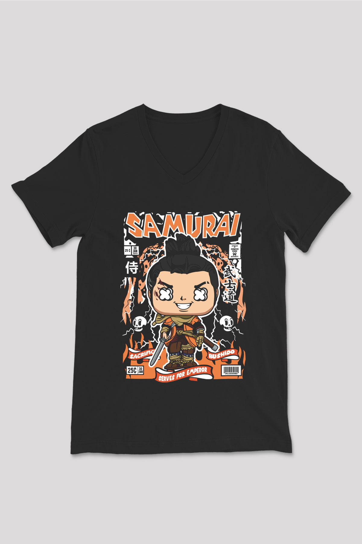 Samurai Baskılı Unisex Siyah V Yaka Tişört