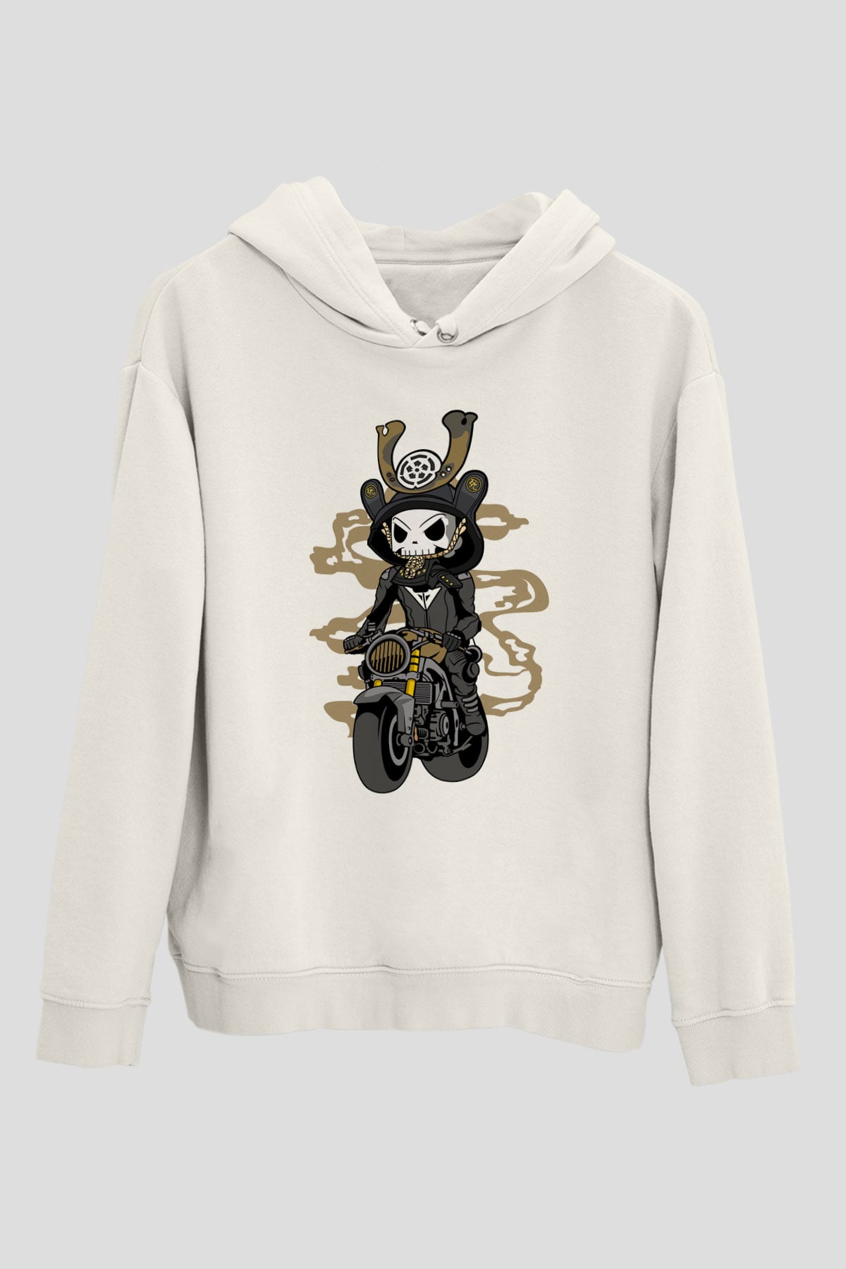 Samurai Biker Baskılı Beyaz Unisex Hoodie
