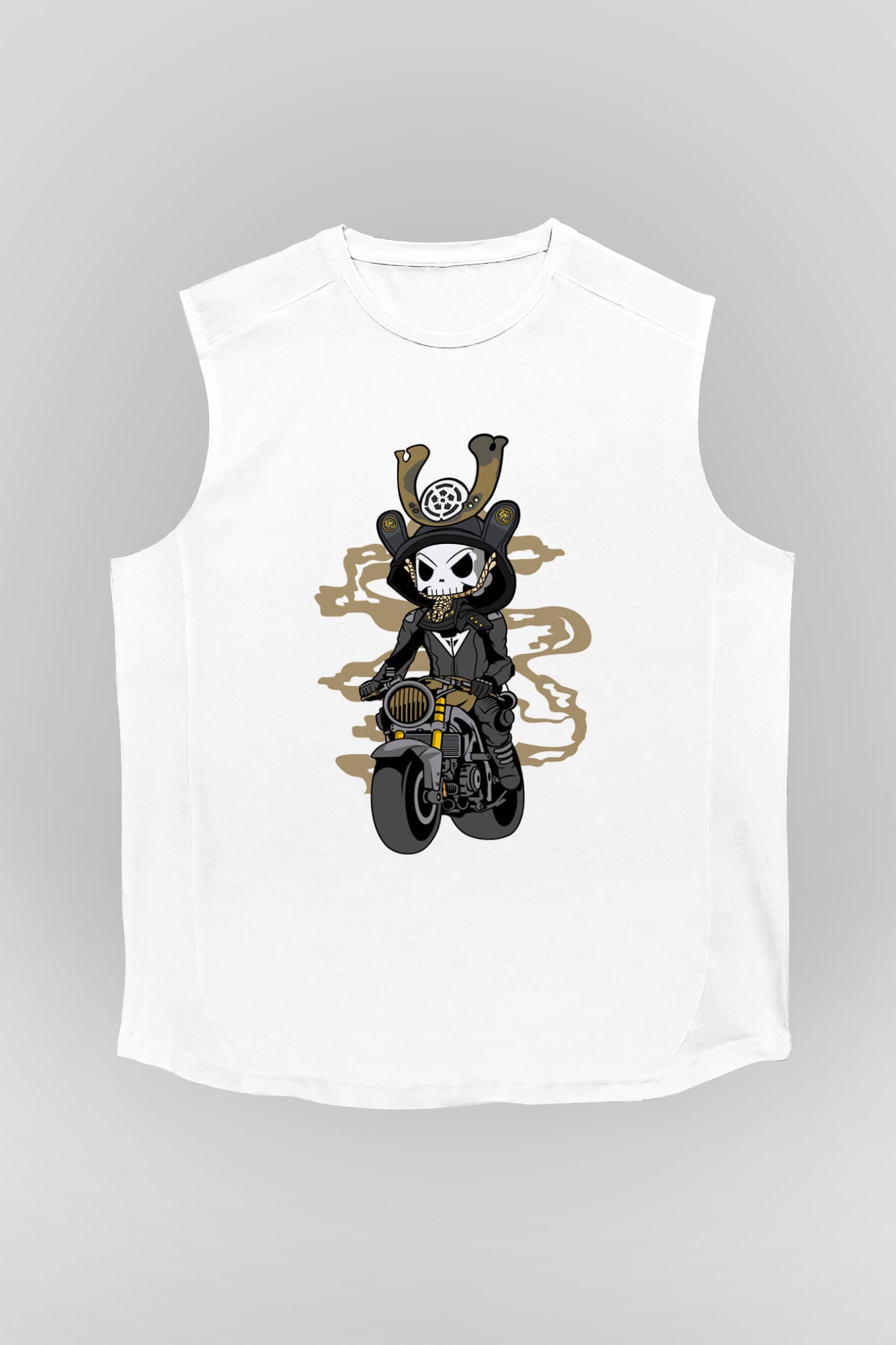Samurai Biker Baskılı Beyaz Unisex Kolsuz Tişört