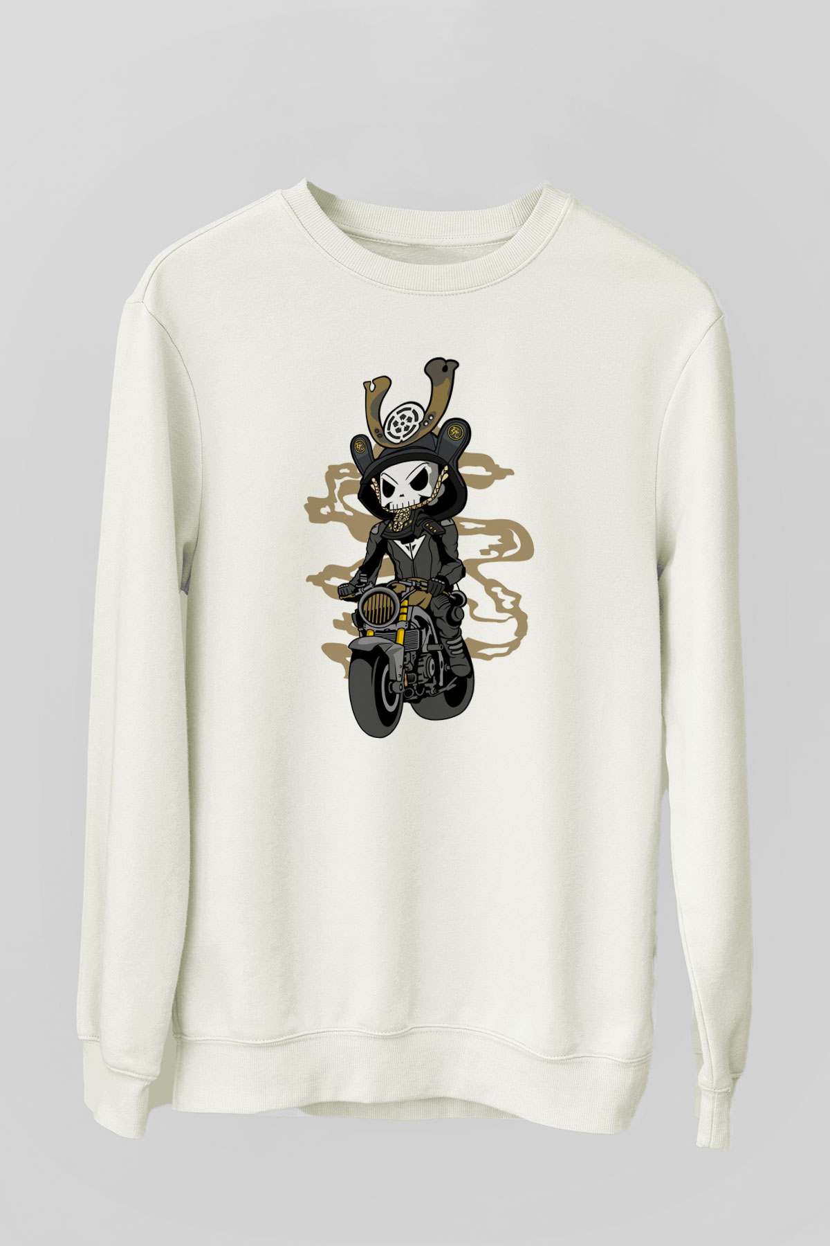 Samurai Biker Baskılı Beyaz Unisex Sweatshirt