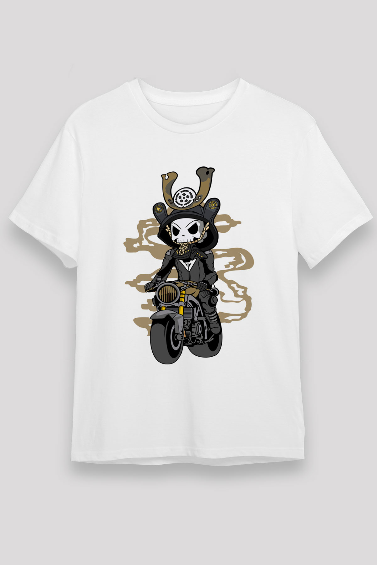 Samurai Biker Baskılı Beyaz Unisex Tişört