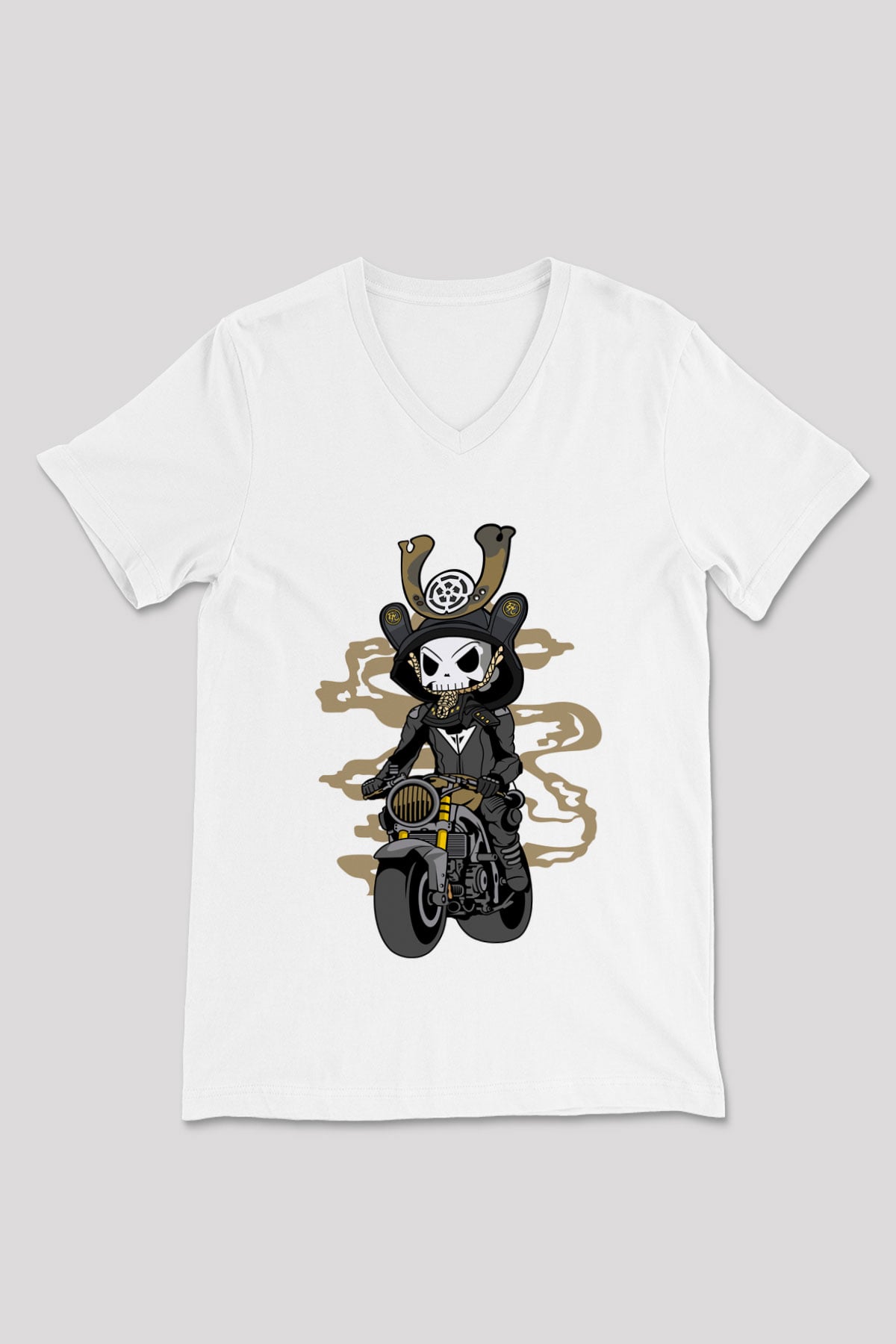 Samurai Biker Baskılı Beyaz Unisex V Yaka Tişört
